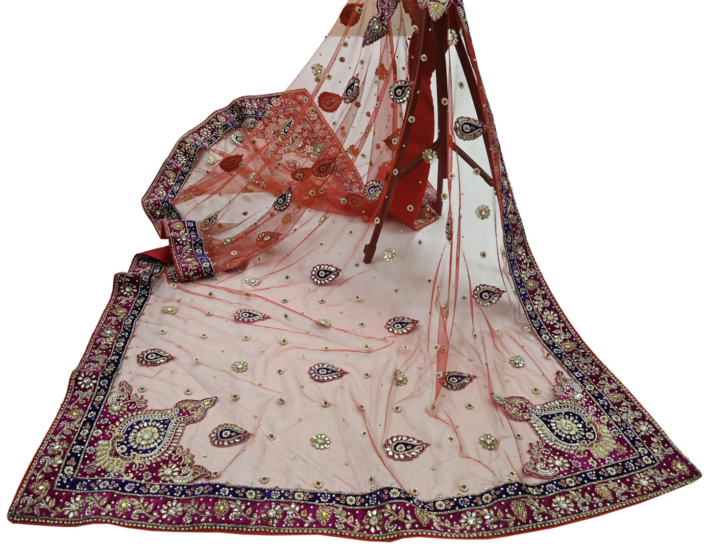 Indian Vintage Heavy Bridal Red Dupatta Net Mesh Long Stole Hand Embroidered Scarves Golden Zardozi Dabka Zari Sequins Wedding Veil Hijab