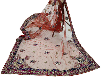 Indian Vintage Heavy Bridal Red Dupatta Net Mesh Long Stole Hand Embroidered Scarves Golden Zardozi Dabka Zari Sequins Wedding Veil Hijab