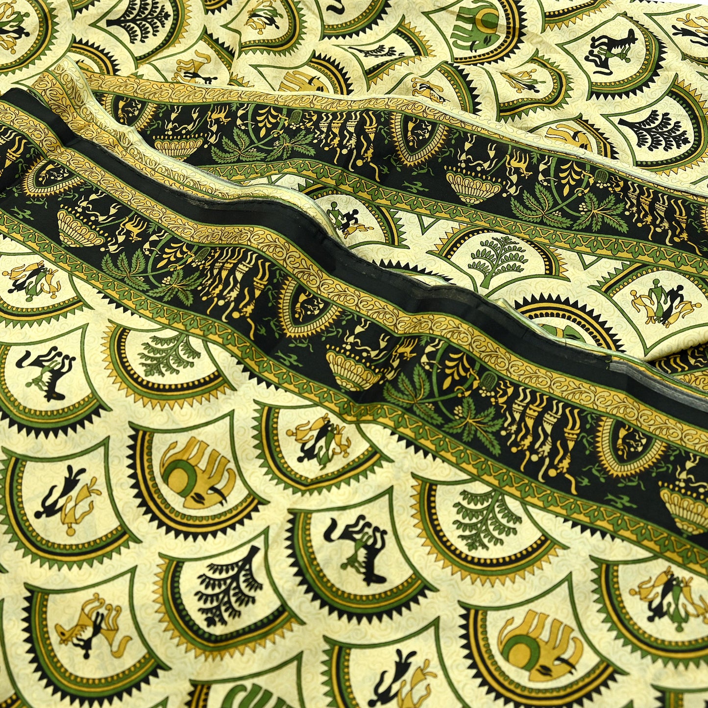 Indian Vintage Sari Beige & Black Pure Silk Warli Printed Saree Craft Fabric 5Yd Dress making Sewing Dress making For Crafting Quilting