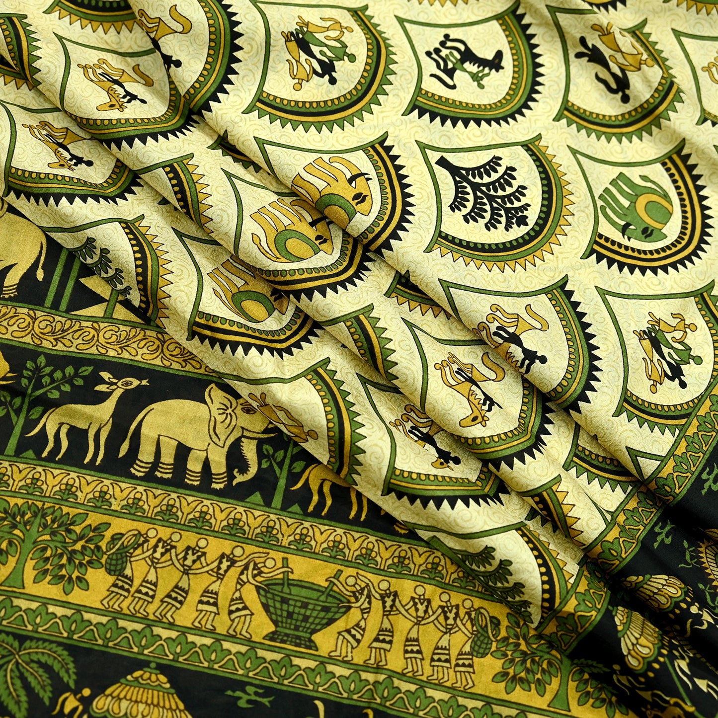 Indian Vintage Sari Beige & Black Pure Silk Warli Printed Saree Craft Fabric 5Yd Dress making Sewing Dress making For Crafting Quilting