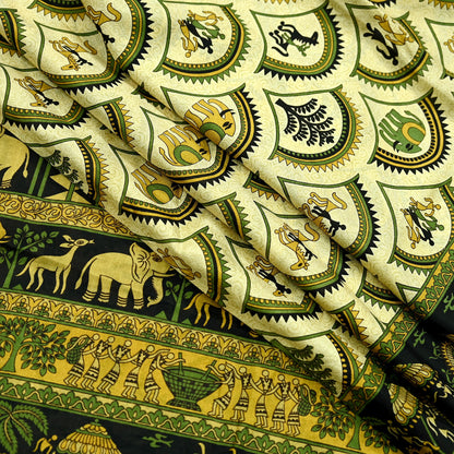 Indian Vintage Sari Beige & Black Pure Silk Warli Printed Saree Craft Fabric 5Yd Dress making Sewing Dress making For Crafting Quilting