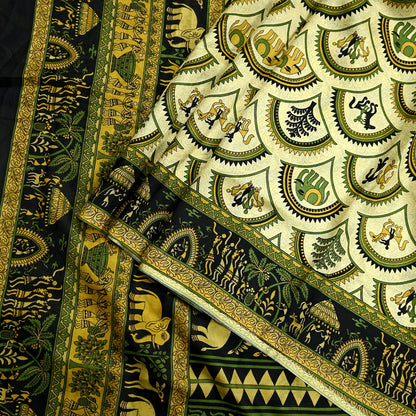 Indian Vintage Sari Beige & Black Pure Silk Warli Printed Saree Craft Fabric 5Yd Dress making Sewing Dress making For Crafting Quilting