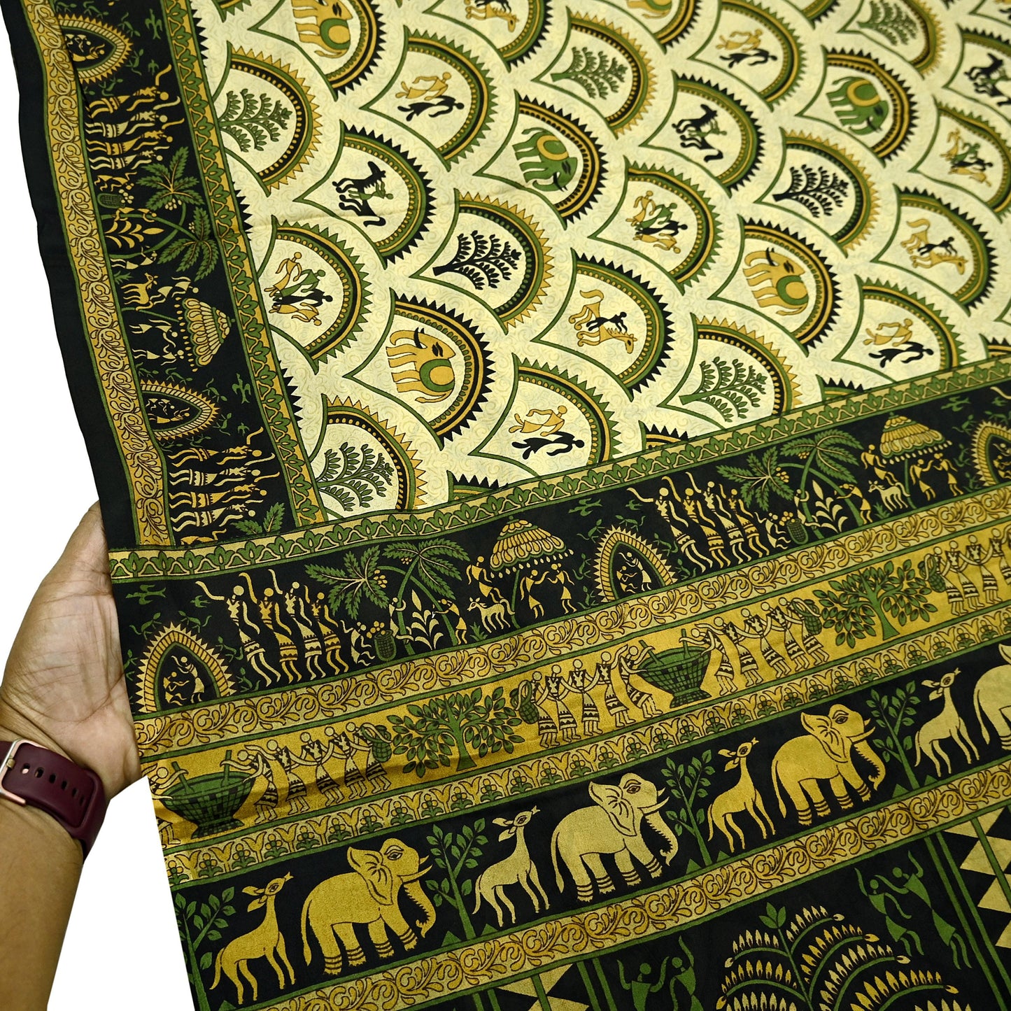 Indian Vintage Sari Beige & Black Pure Silk Warli Printed Saree Craft Fabric 5Yd Dress making Sewing Dress making For Crafting Quilting