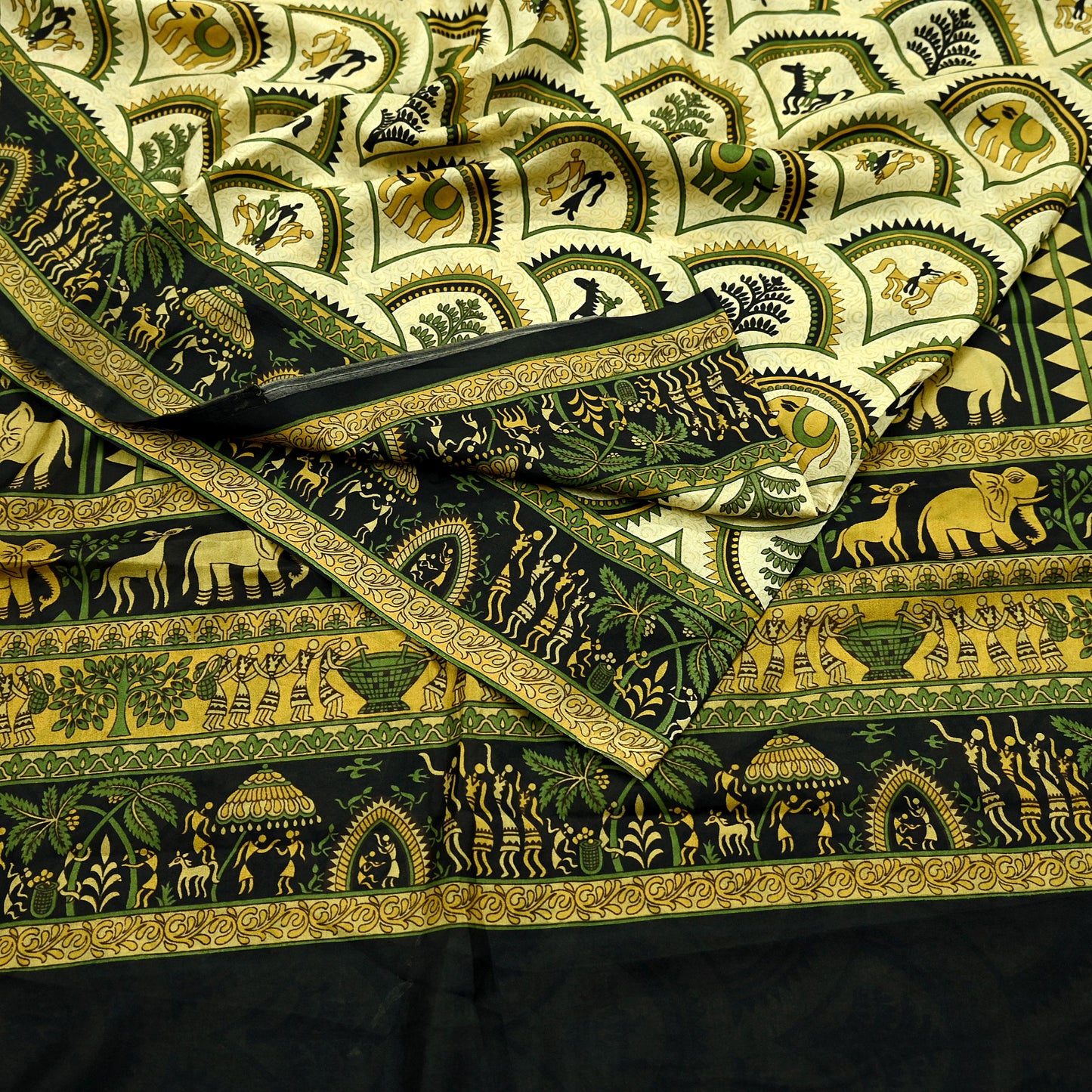 Indian Vintage Sari Beige & Black Pure Silk Warli Printed Saree Craft Fabric 5Yd Dress making Sewing Dress making For Crafting Quilting