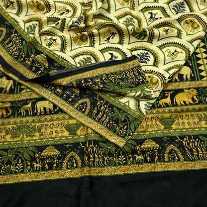 Indian Vintage Sari Beige & Black Pure Silk Warli Printed Saree Craft Fabric 5Yd Dress making Sewing Dress making For Crafting Quilting