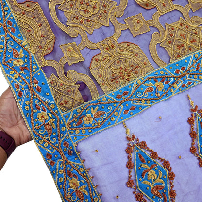 Indian Vintage Heavy Wedding Purple Dupatta Pure Organza Silk Long Stole Hand Embroidered Scarves Zardozi Zari Bridal Veil Wrap Hijab