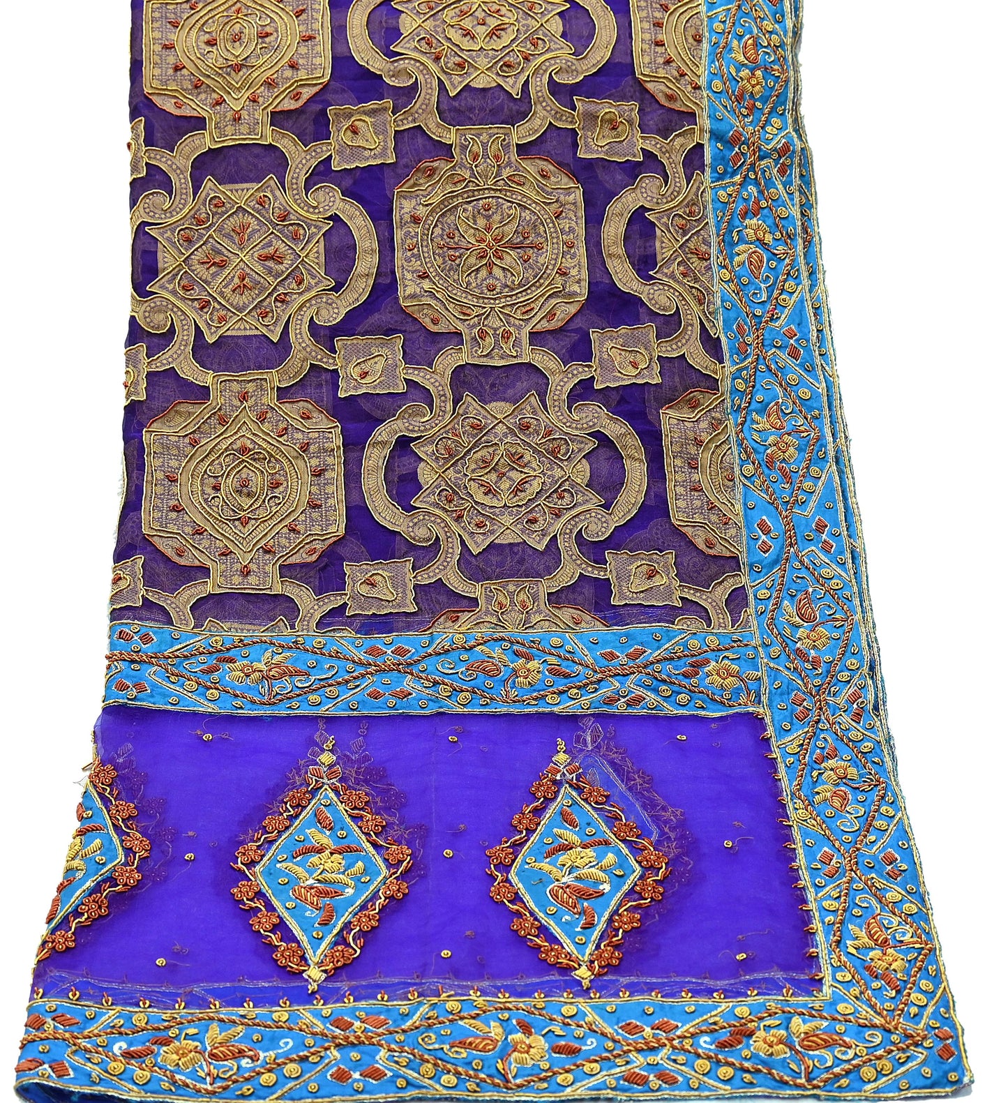 Indian Vintage Heavy Wedding Purple Dupatta Pure Organza Silk Long Stole Hand Embroidered Scarves Zardozi Zari Bridal Veil Wrap Hijab