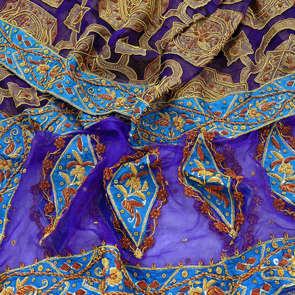 Indian Vintage Heavy Wedding Purple Dupatta Pure Organza Silk Long Stole Hand Embroidered Scarves Zardozi Zari Bridal Veil Wrap Hijab