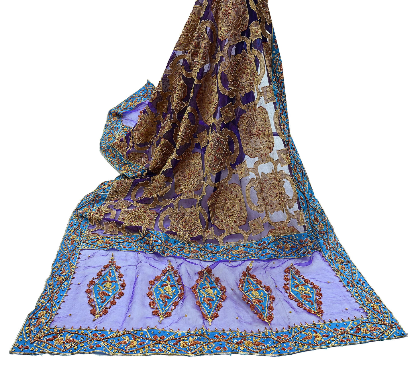 Indian Vintage Heavy Wedding Purple Dupatta Pure Organza Silk Long Stole Hand Embroidered Scarves Zardozi Zari Bridal Veil Wrap Hijab