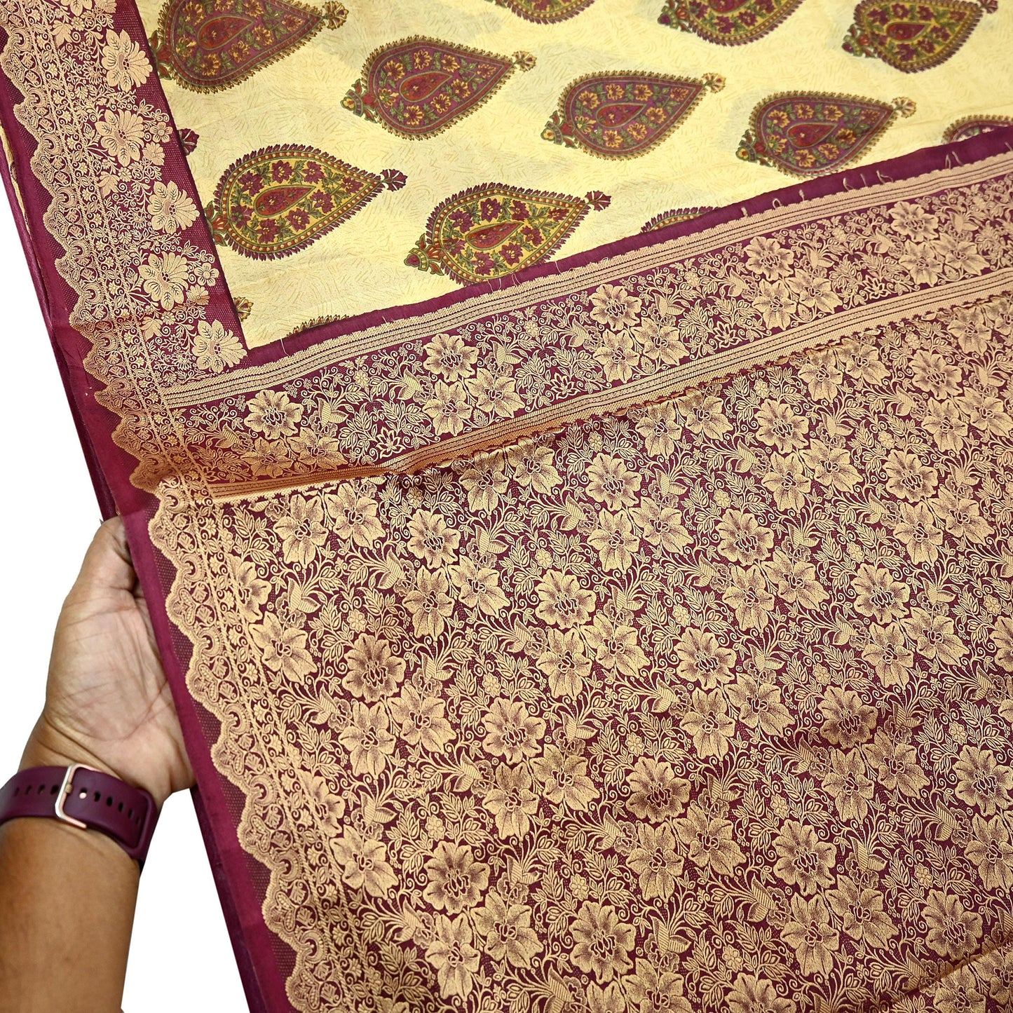 Vintage Sari Beige Pure Silk Hand Woven Printed Saree Fabric 5yard Sewing Soft Dress Designing for Crafting Quilting Upcycle Soft Border