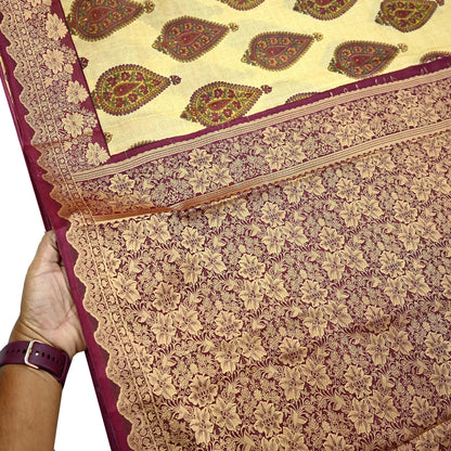 Vintage Sari Beige Pure Silk Hand Woven Printed Saree Fabric 5yard Sewing Soft Dress Designing for Crafting Quilting Upcycle Soft Border