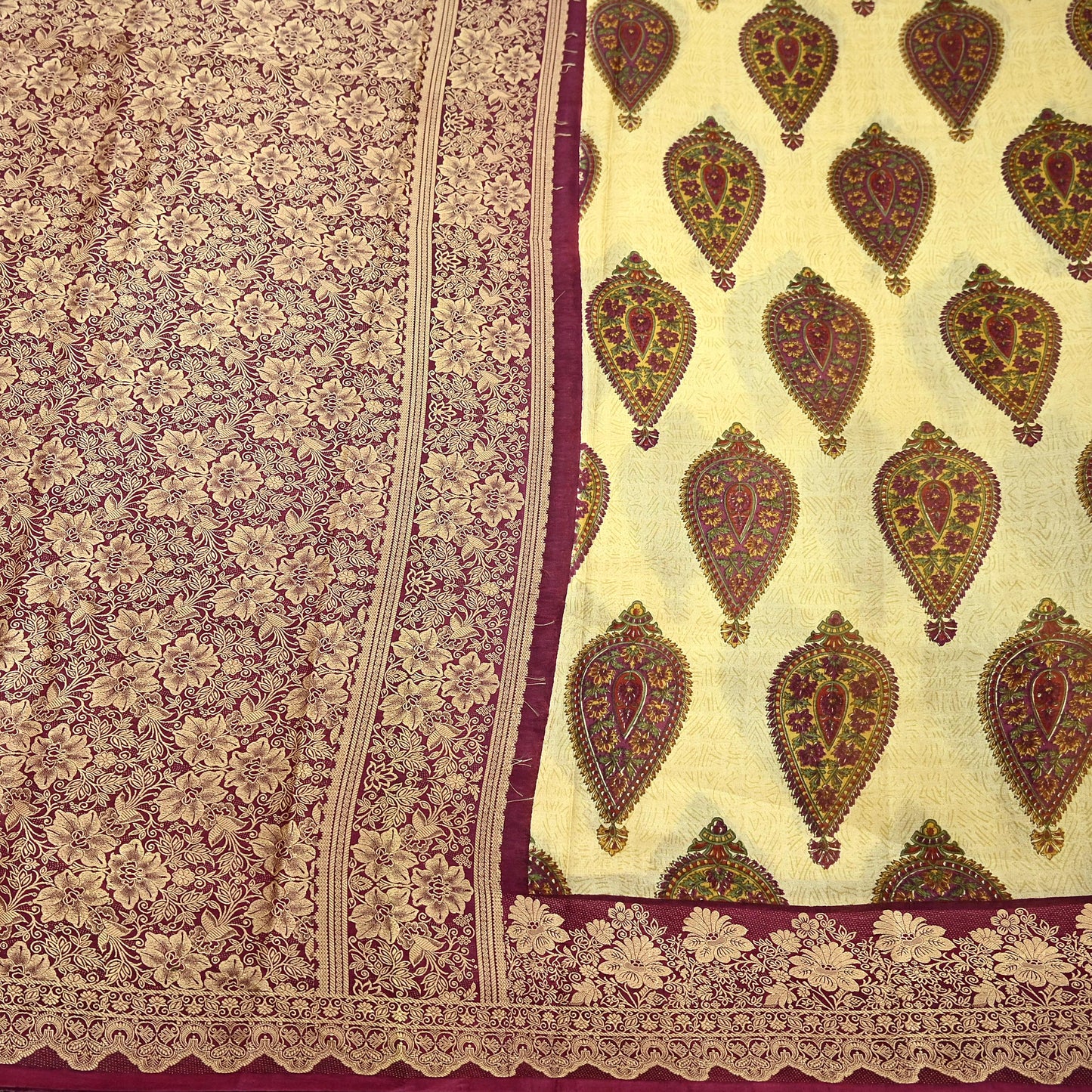 Vintage Sari Beige Pure Silk Hand Woven Printed Saree Fabric 5yard Sewing Soft Dress Designing for Crafting Quilting Upcycle Soft Border