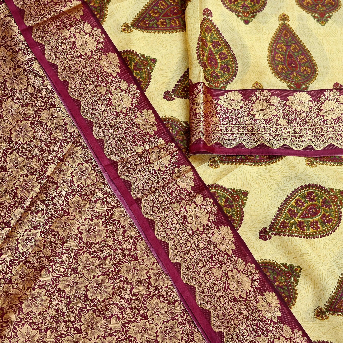 Vintage Sari Beige Pure Silk Hand Woven Printed Saree Fabric 5yard Sewing Soft Dress Designing for Crafting Quilting Upcycle Soft Border