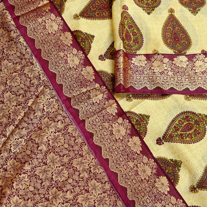 Vintage Sari Beige Pure Silk Hand Woven Printed Saree Fabric 5yard Sewing Soft Dress Designing for Crafting Quilting Upcycle Soft Border