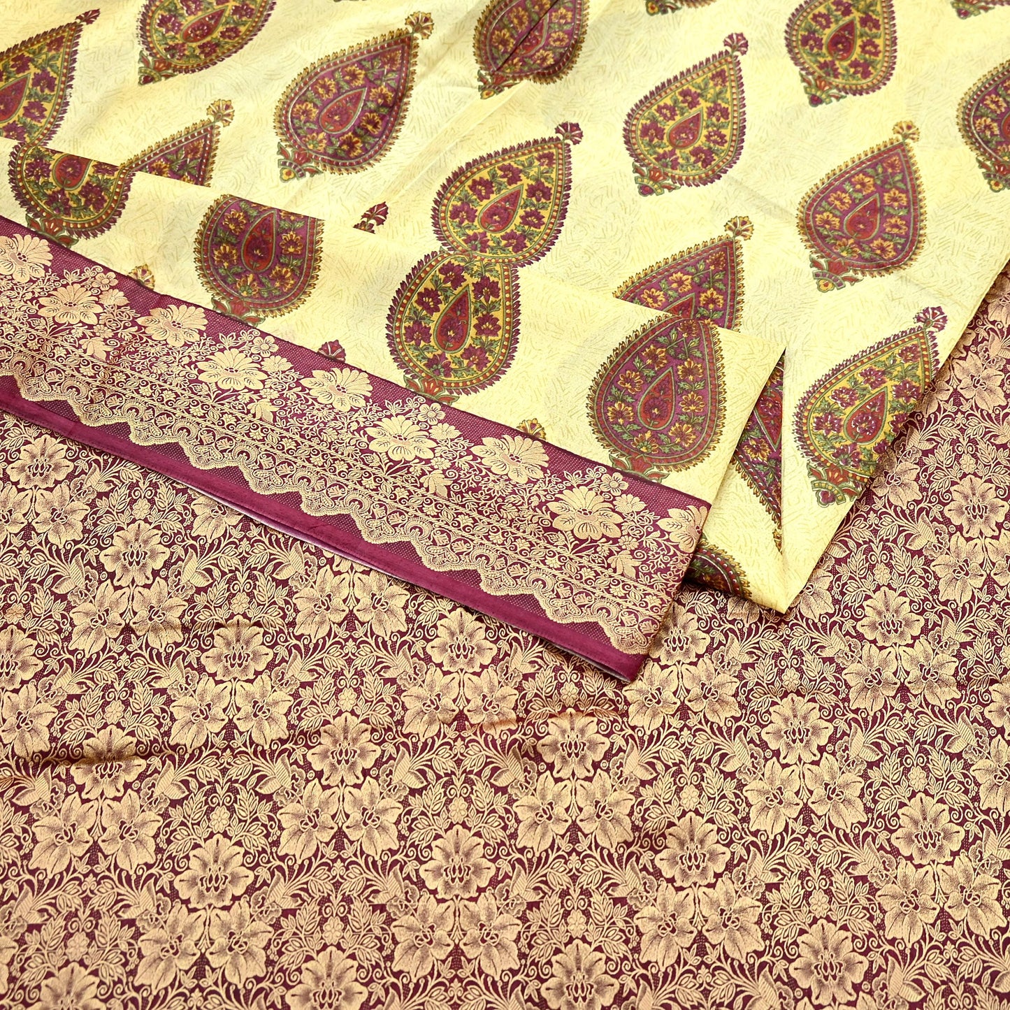 Vintage Sari Beige Pure Silk Hand Woven Printed Saree Fabric 5yard Sewing Soft Dress Designing for Crafting Quilting Upcycle Soft Border