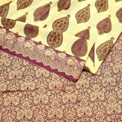 Vintage Sari Beige Pure Silk Hand Woven Printed Saree Fabric 5yard Sewing Soft Dress Designing for Crafting Quilting Upcycle Soft Border