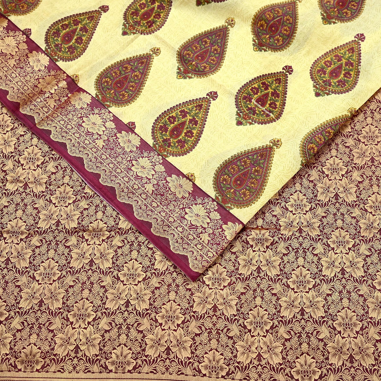 Vintage Sari Beige Pure Silk Hand Woven Printed Saree Fabric 5yard Sewing Soft Dress Designing for Crafting Quilting Upcycle Soft Border