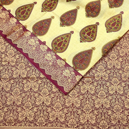 Vintage Sari Beige Pure Silk Hand Woven Printed Saree Fabric 5yard Sewing Soft Dress Designing for Crafting Quilting Upcycle Soft Border
