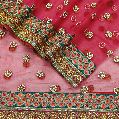 Indian Vintage Heavy Pink Dupatta Net Mesh Long Stole Hand Embroidered Scarf Zardozi Zari Glass Beaded Stole