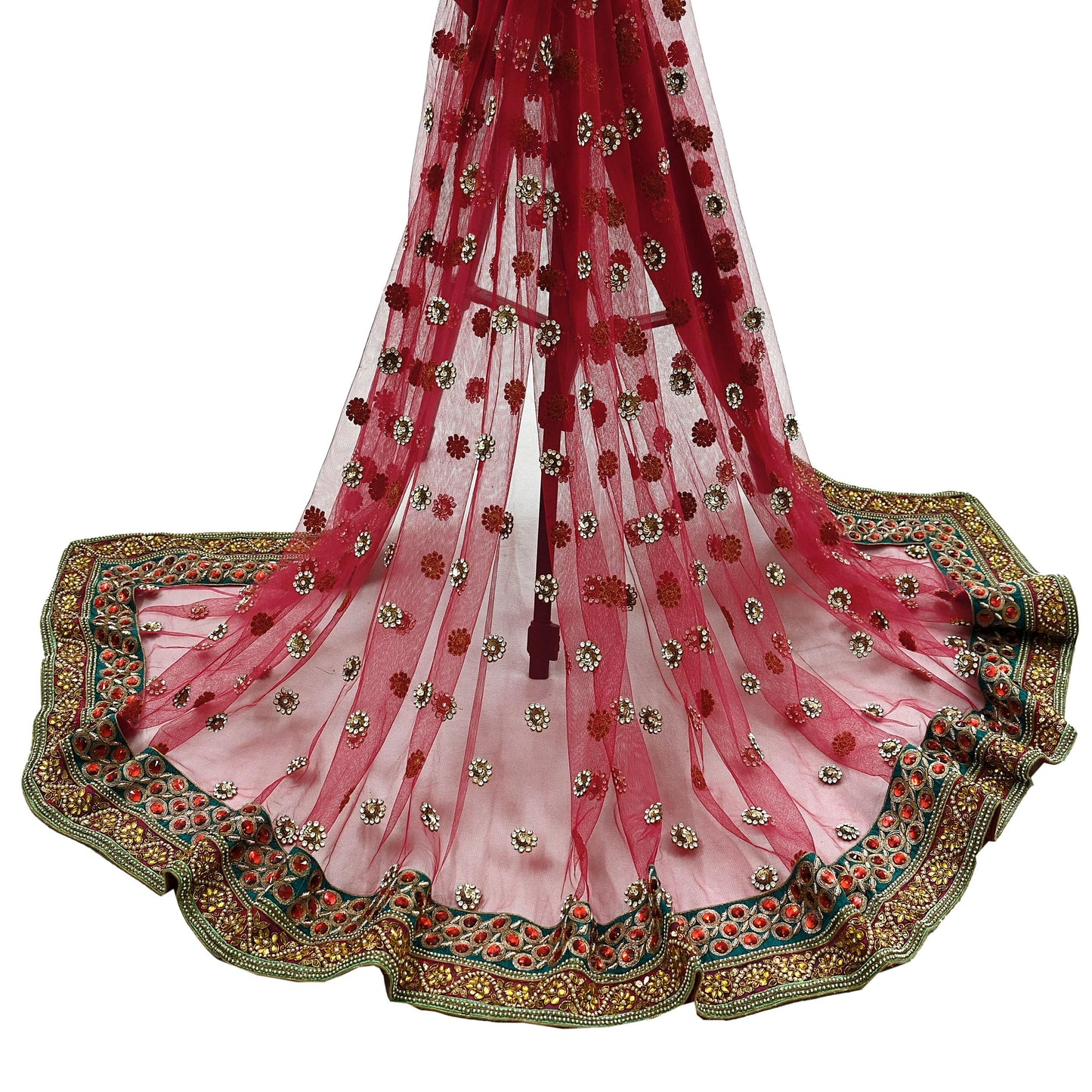 Indian Vintage Heavy Pink Dupatta Net Mesh Long Stole Hand Embroidered Scarf Zardozi Zari Glass Beaded Stole