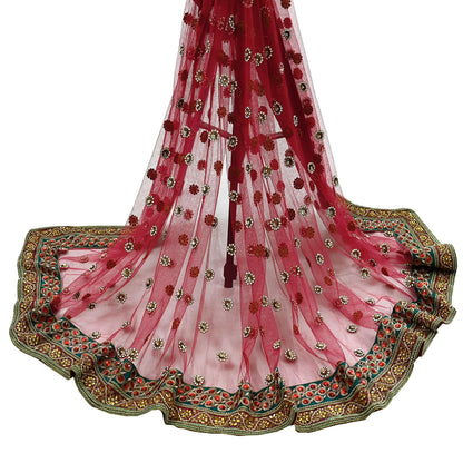 Indian Vintage Heavy Pink Dupatta Net Mesh Long Stole Hand Embroidered Scarf Zardozi Zari Glass Beaded Stole