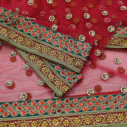 Indian Vintage Heavy Pink Dupatta Net Mesh Long Stole Hand Embroidered Scarf Zardozi Zari Glass Beaded Stole