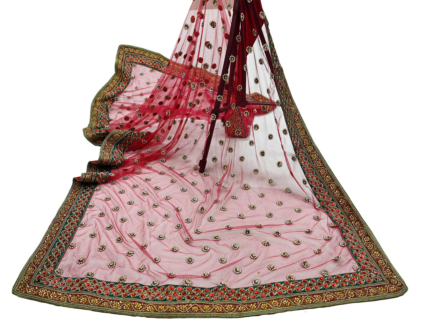 Indian Vintage Heavy Pink Dupatta Net Mesh Long Stole Hand Embroidered Scarf Zardozi Zari Glass Beaded Stole