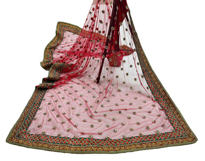 Indian Vintage Heavy Pink Dupatta Net Mesh Long Stole Hand Embroidered Scarf Zardozi Zari Glass Beaded Stole