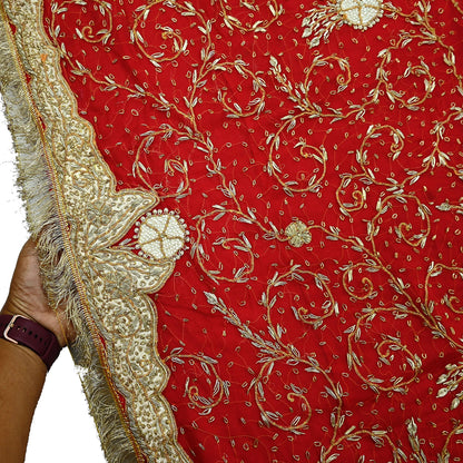 Indian Vintage Heavy Bridal Red Dupatta Pure Chiffon Silk Long Stole Hand Embroidered Scarf Zardozi/Dabka Zari Sequins Wedding Veil Hijab