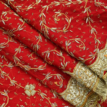Indian Vintage Heavy Bridal Red Dupatta Pure Chiffon Silk Long Stole Hand Embroidered Scarf Zardozi/Dabka Zari Sequins Wedding Veil Hijab