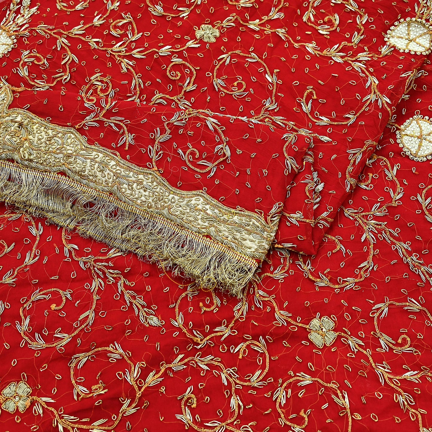 Indian Vintage Heavy Bridal Red Dupatta Pure Chiffon Silk Long Stole Hand Embroidered Scarf Zardozi/Dabka Zari Sequins Wedding Veil Hijab