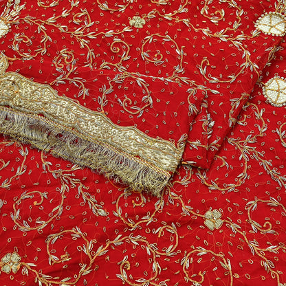 Indian Vintage Heavy Bridal Red Dupatta Pure Chiffon Silk Long Stole Hand Embroidered Scarf Zardozi/Dabka Zari Sequins Wedding Veil Hijab