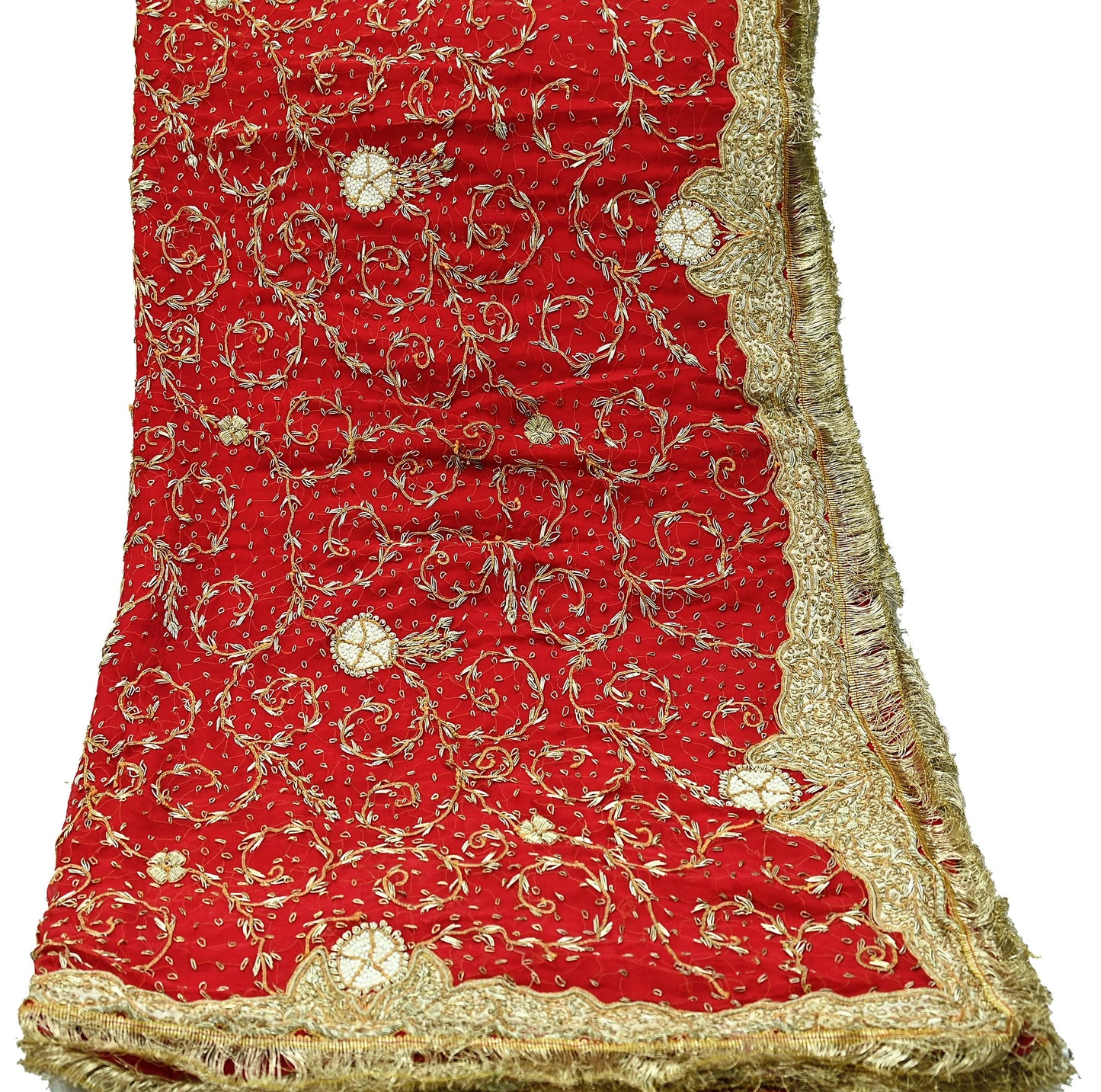 Indian Vintage Heavy Bridal Red Dupatta Pure Chiffon Silk Long Stole Hand Embroidered Scarf Zardozi/Dabka Zari Sequins Wedding Veil Hijab