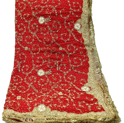 Indian Vintage Heavy Bridal Red Dupatta Pure Chiffon Silk Long Stole Hand Embroidered Scarf Zardozi/Dabka Zari Sequins Wedding Veil Hijab