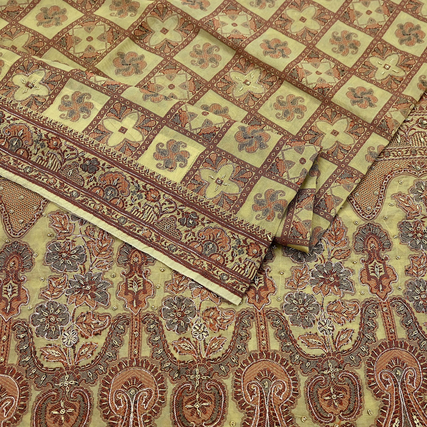 Indian Vintage Beige Sari Blend Silk Hand Embroidered Sarees 5Yd Craft Fabric Sewing soft Quilting Crafting Upcycle Ethnic Bollywood sarees