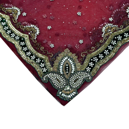Indian Vintage Heavy Bridal Dupatta Pink Net Mesh Long Stole Hand Embroidered Scarves Sequins Glass Bead Wedding veil Wrap Boho