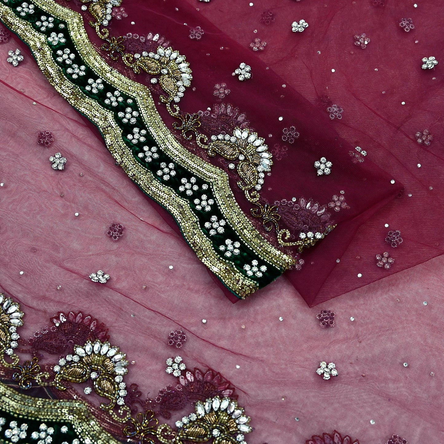 Indian Vintage Heavy Bridal Dupatta Pink Net Mesh Long Stole Hand Embroidered Scarves Sequins Glass Bead Wedding veil Wrap Boho