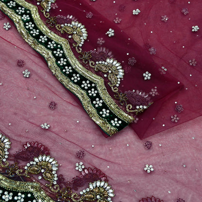 Indian Vintage Heavy Bridal Dupatta Pink Net Mesh Long Stole Hand Embroidered Scarves Sequins Glass Bead Wedding veil Wrap Boho