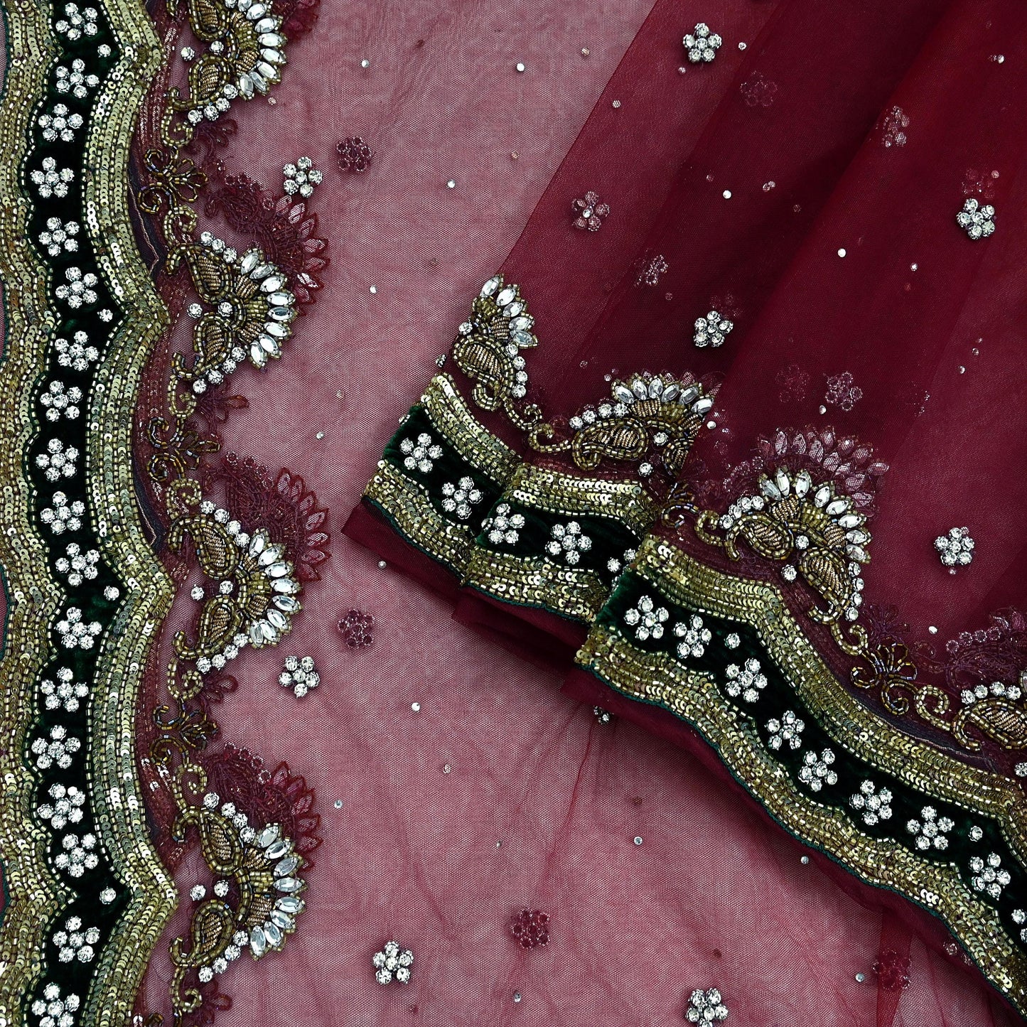 Indian Vintage Heavy Bridal Dupatta Pink Net Mesh Long Stole Hand Embroidered Scarves Sequins Glass Bead Wedding veil Wrap Boho