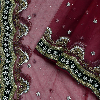 Indian Vintage Heavy Bridal Dupatta Pink Net Mesh Long Stole Hand Embroidered Scarves Sequins Glass Bead Wedding veil Wrap Boho