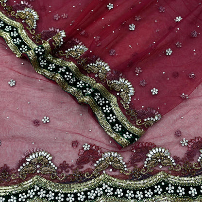 Indian Vintage Heavy Bridal Dupatta Pink Net Mesh Long Stole Hand Embroidered Scarves Sequins Glass Bead Wedding veil Wrap Boho