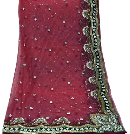 Indian Vintage Heavy Bridal Dupatta Pink Net Mesh Long Stole Hand Embroidered Scarves Sequins Glass Bead Wedding veil Wrap Boho