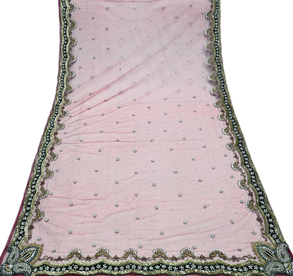 Indian Vintage Heavy Bridal Dupatta Pink Net Mesh Long Stole Hand Embroidered Scarves Sequins Glass Bead Wedding veil Wrap Boho