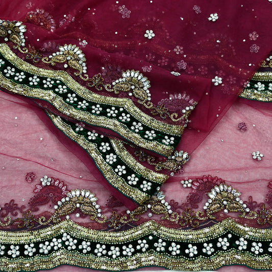 Indian Vintage Heavy Bridal Dupatta Pink Net Mesh Long Stole Hand Embroidered Scarves Sequins Glass Bead Wedding veil Wrap Boho