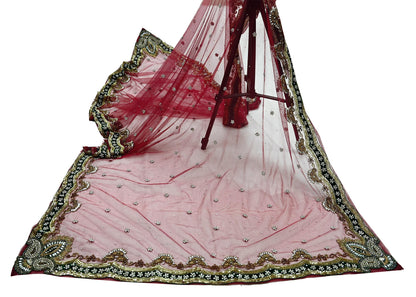 Indian Vintage Heavy Bridal Dupatta Pink Net Mesh Long Stole Hand Embroidered Scarves Sequins Glass Bead Wedding veil Wrap Boho