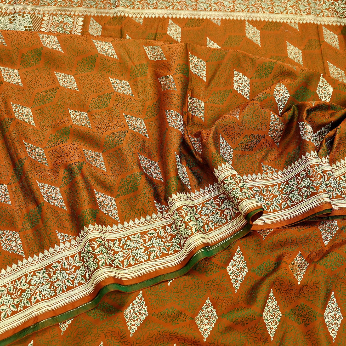 Indian Vintage Sari Saffron Heavy Wedding Pure Satin Silk Woven Banarasi Brocade Saree Golden Zari 5Yd Dress making Crafting Upcycle
