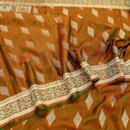 Indian Vintage Sari Saffron Heavy Wedding Pure Satin Silk Woven Banarasi Brocade Saree Golden Zari 5Yd Dress making Crafting Upcycle