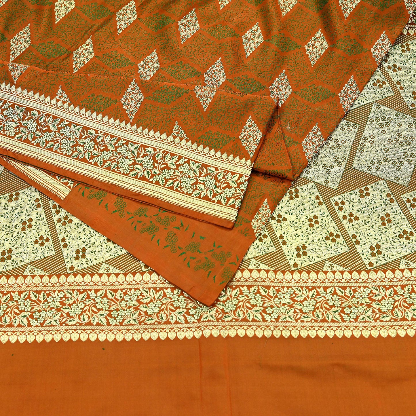Indian Vintage Sari Saffron Heavy Wedding Pure Satin Silk Woven Banarasi Brocade Saree Golden Zari 5Yd Dress making Crafting Upcycle