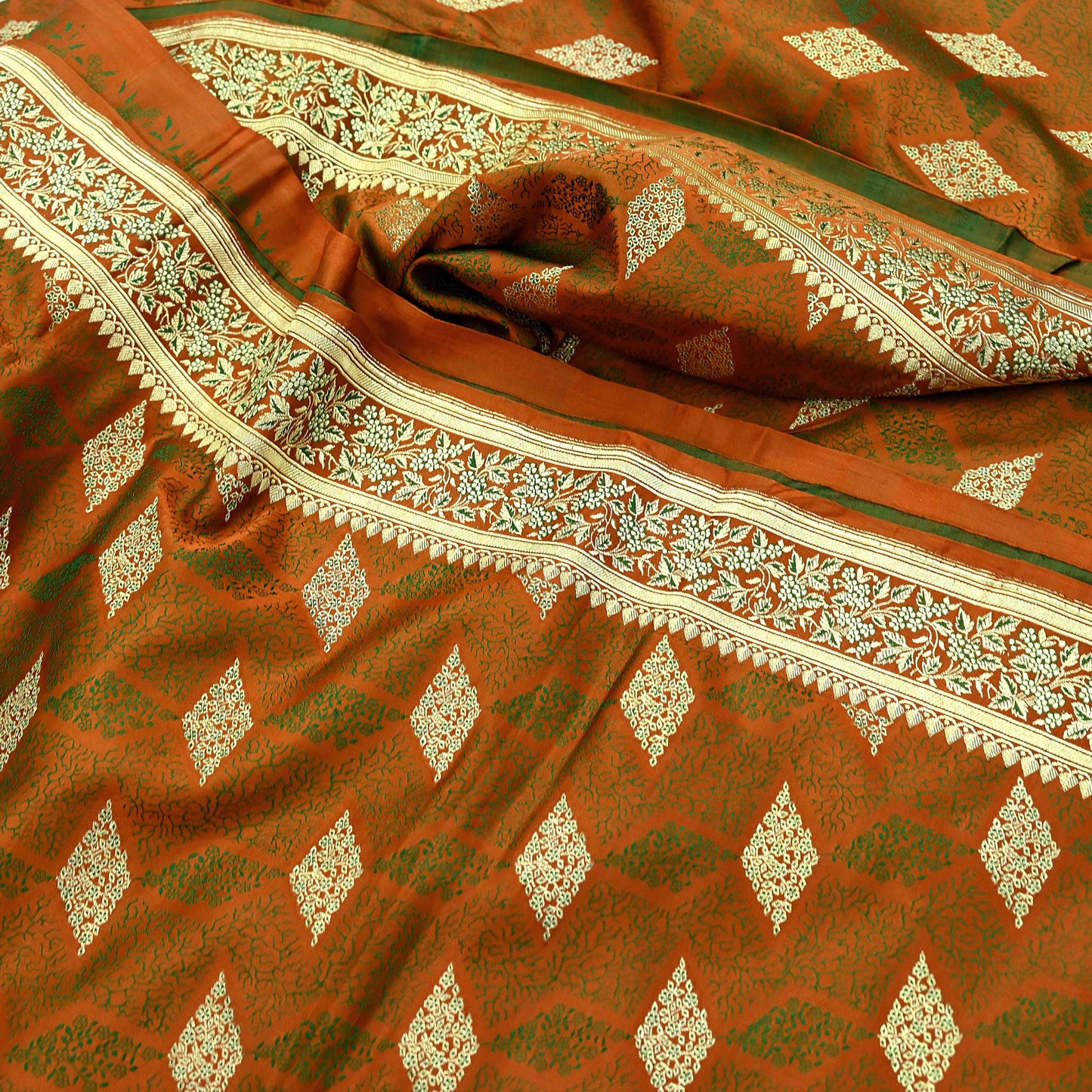 Indian Vintage Sari Saffron Heavy Wedding Pure Satin Silk Woven Banarasi Brocade Saree Golden Zari 5Yd Dress making Crafting Upcycle