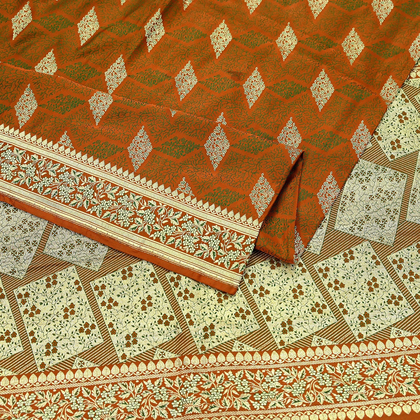 Indian Vintage Sari Saffron Heavy Wedding Pure Satin Silk Woven Banarasi Brocade Saree Golden Zari 5Yd Dress making Crafting Upcycle